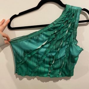 Green Tie-Dye One Shoulder Trendy Crop Top with Ruffles